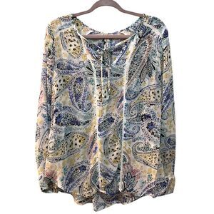 2/$30 Lucky Brand Shirt Womens Medium Paisley Boho Peasant Blouse Tie Neck Top